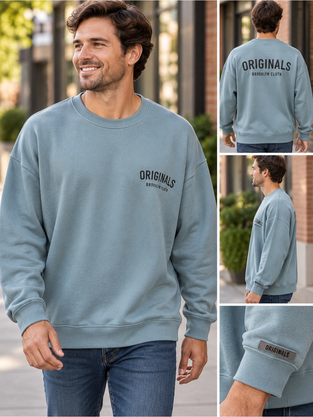 Brooklyn Cloth Originals Pearl Blue Oversized Fleece Crewneck Sweatshirt Men’s L